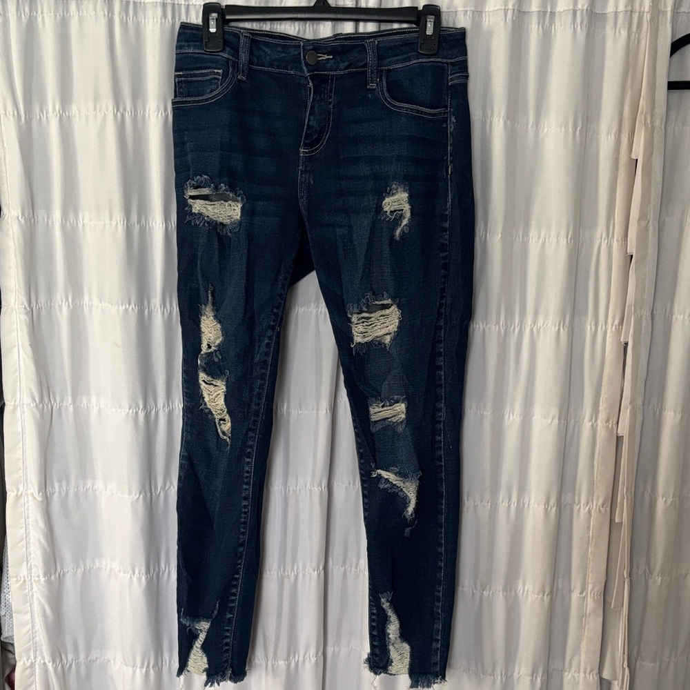 Fashion Nova Dark Blue Distressed Skinny Jeans